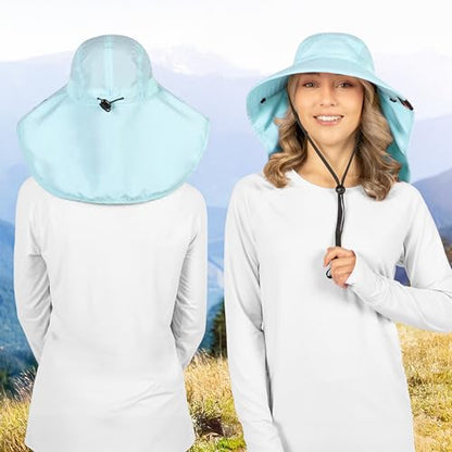 SUN CUBE Wide Brim Sun Hat with Neck Flap for Men Women, UPF50+ Fishing - color: Light Blue