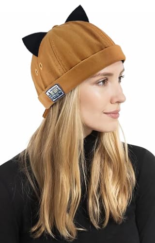 XYIYI Women Cat Ears Hat Cute Docker Cap Brimless Skullcap Sailor Cap Rolled Cuff Retro Beanie Hat - color: Retro Khaki