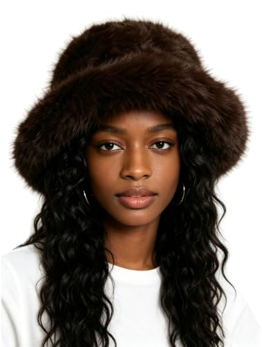 Lina & Lily Oversized Winter Faux Fur Bucket Hat for Women - Long Pile Fur Wide Moldable Brim - color: Dark Brown
