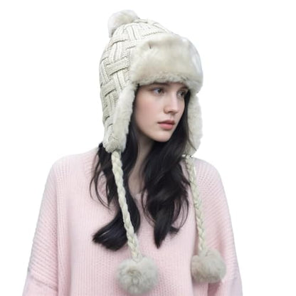 PENINSULA LOVE Women Peruvian Trapper Hat Faux Fur Ushanka Russian Hat Earflap Eskimo Beanie Winter Knitted Cap with Pompom - color: Beige