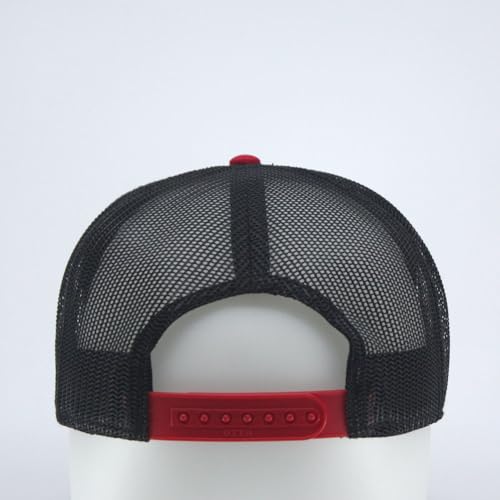 Plain Cotton Twill Flat Brim Mesh Adjustable Snapback Trucker Baseball Cap - color: Red/Black/Black