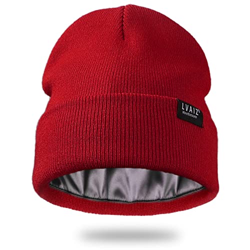 Satin Lined Winter Beanie Hats for Women Men Cotton Knitted Cuffed Knit Hat - color: Wine Red