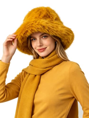 Lina & Lily Oversized Winter Faux Fur Bucket Hat for Women - Long Pile Fur Wide Moldable Brim - color: Mustard