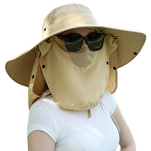 Women Wide Brim Face Mask Sun Hat Detachable Neck Face Flap Ponytail UV Protection Visor Hat Garden Fishing Hiking - color: Hyp008-mise