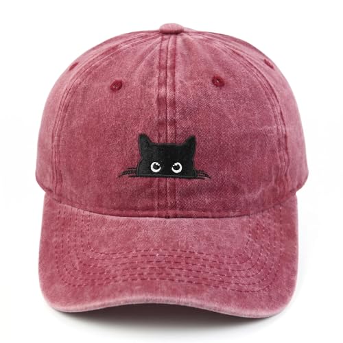 Peeking Black Cat Embroidered Washed Baseball Cap, Adjustable Vintage Dad Hat for Cat Lovers Unisex - color: Wine Red