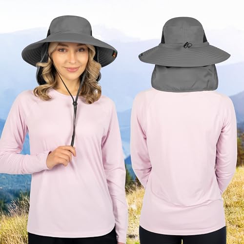 SUN CUBE Wide Brim Sun Hat for Men & Women, UPF 50+ UV Protection, Mesh Boonie Hat with Chin Strap, Fishing Hiking Hat - color: Grey With Flap