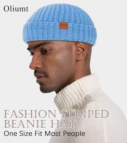 Fisherman Short Beanie Hats for Men, Knit Skull Cap Cuff Trawler Hat Mens Stylish Watch Cap Winter Warm Hat for Daily Wear - color: Sky Blue