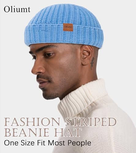 Fisherman Short Beanie Hats for Men, Knit Skull Cap Cuff Trawler Hat Mens Stylish Watch Cap Winter Warm Hat for Daily Wear - color: Sky Blue