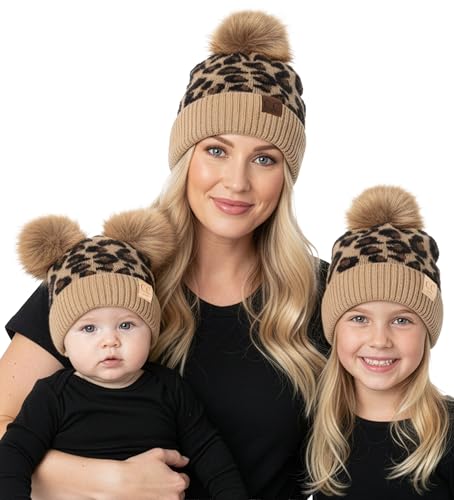 Funky Junque Mommy & Me Double Pom Beanies 3-Pack Matching Winter Hats for Mom, Toddler & Infant Girls, Cozy Knit Family Set - color: Leopard - Latte