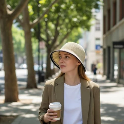 Women’s Two-Toned Sun Hat Straw Bucket Hat UPF 50+ Sun Protection Packable Adjustable Summer Holiday Beach Hat - color: Beige
