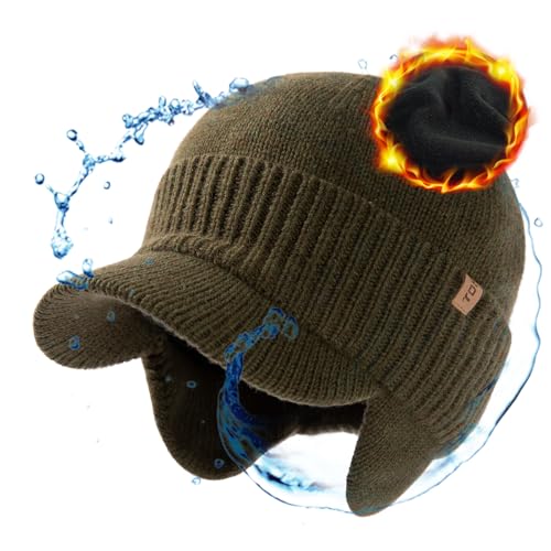 TOP-EX DryKnit™ 80% Merino Wool Waterproof Warm Brim Beanie with Ear Flaps - color: Green (Waterproof), size: Large-X-Large