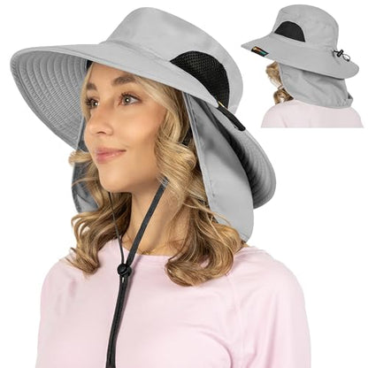 SUN CUBE Wide Brim Sun Hat for Men & Women, UPF 50+ UV Protection, Mesh Boonie Hat with Chin Strap, Fishing Hiking Hat - color: Light Grey With Flap