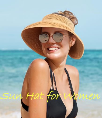 Beach Sun Straw Hats for Women, UPF 50+ UV Sun Protection Summer Straw Hat - color: 12cm - Khaki