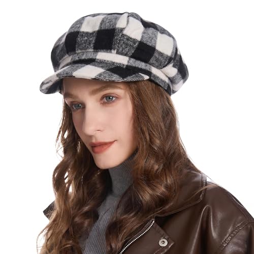 ZLYC Women Classic Newsboy Cap Visor 8 Panel Gatsby Cabbie Paperboy Hat - color: (Plaid) White