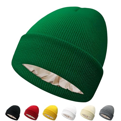 PFFY Satin Lined Beanie for Women Winter Hats Warm Reduce Frizz - color: Grassgreen