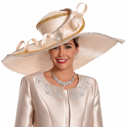Women's Dramatic Giant Wide Brim Rhinestone Church Hat Statement Turban Fascinator for Wedding Chapel Baptist Sunday - color: 17-beige