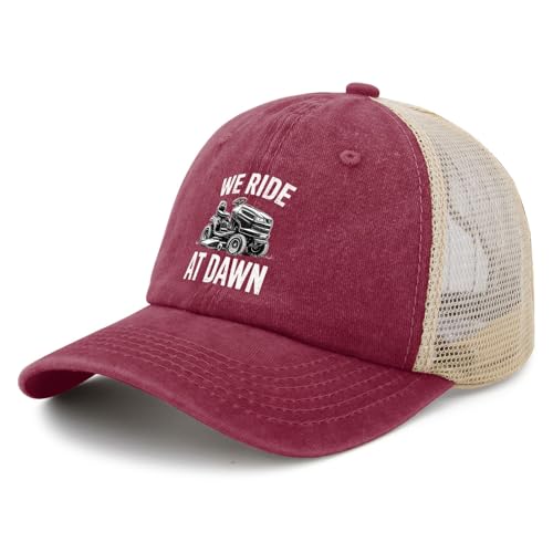 We Ride at Dawn Lawn Mower Hat Funny Trucker Hats Women Baseball Caps Funny Gifts - color: Deep Rose