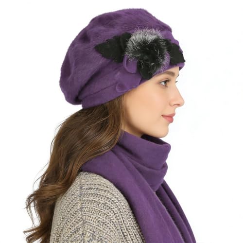 Women’s Vintage Wool Beret Winter Hats Elegant French Beret Beanie Dress Hat for Ladies - color: Br022-purple