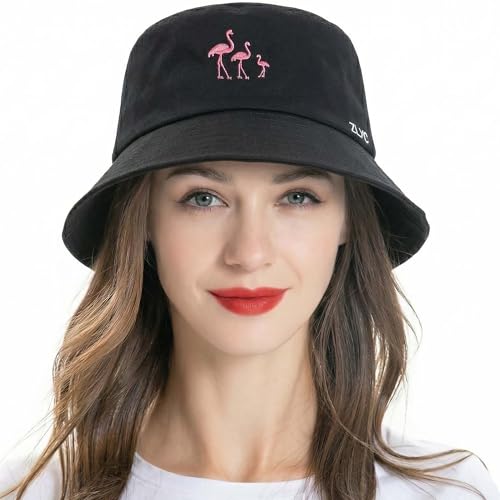 ZLYC Cotton Bucket Hat for Women Men Embroidered Packable Summer Sun Cap - color: Black Flamingo