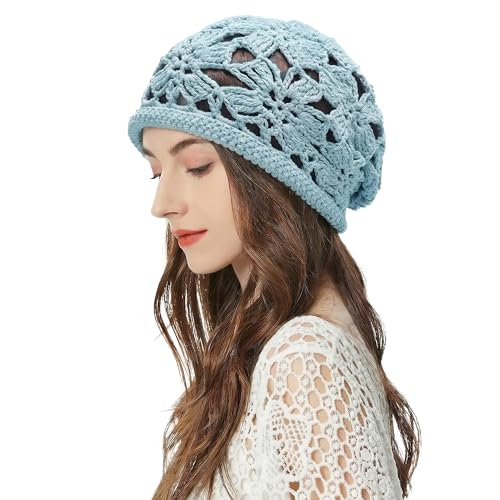 ZLYC Women Cotton Crochet Slouchy Beanie Hat Handmade Knit Summer Skull Cap - color: Crochet Blue