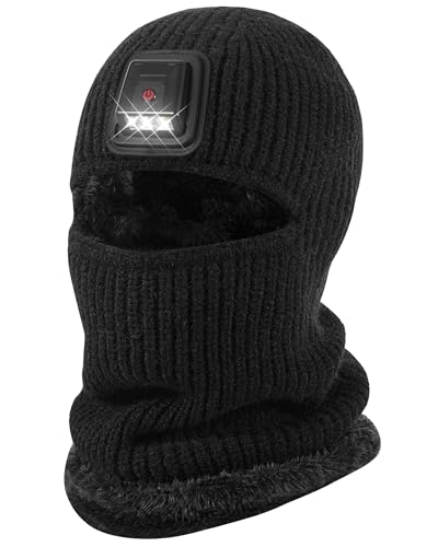 Winter Balaclava Knitted Ski Mask with LED Light - Fleece Lined Full Face Cover Windproof Snow Mask for Skiing, Motorcycling - color: Black