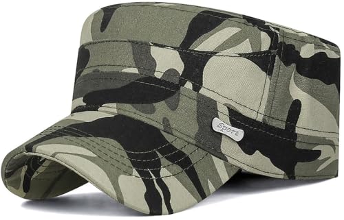Men Flat Top Hat Cadet Army Cap Twill Cotton Baseball Military Cap - color: A - Light Green ( Camo )