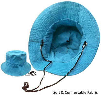 woogwin Waterproof Bucket Rain Hat with Chin Strap Quick Dry Packable Boonie Sun Hat Safari Hat UV Protection - color: Lake Blue