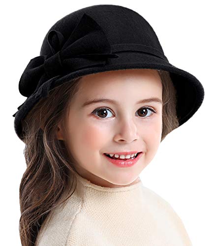Bienvenu Kids Girls Winter Warm 100% Wool Bucket Hats Fedoras with Bowknot - color: Black