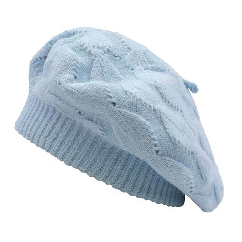 ZLYC Women French Beret Hat Reversible Solid Color Knit Warm Artist Cap - color: Cable Pattern Light Blue