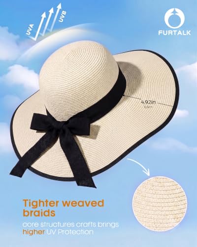 FURTALK Womens Sun Straw Hat Wide Brim Floppy Summer Beach Hats for Women - color: Beige With Black Brim, size: Medium-Large