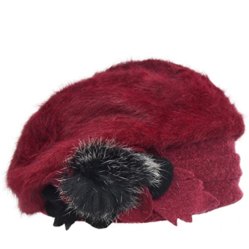 VECRY Women's 100% Wool Bucket Hat Felt Cloche Beret Dress Winter Beanie Hats - color: Angola Claret