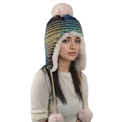 Women Winter Pompom Beanie Hat Fleece Lined Earflap Snow Ski Cap Sherpa Crochet Ushanka Skull Cap Outdoors Ear Cover - color: Green
