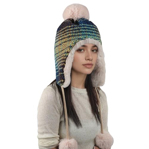 Women Winter Pompom Beanie Hat Fleece Lined Earflap Snow Ski Cap Sherpa Crochet Ushanka Skull Cap Outdoors Ear Cover - color: Green