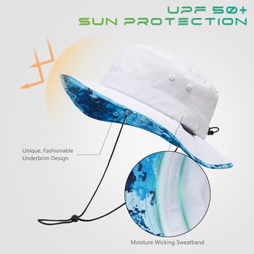 UPF 50+ Foldable Sun Hat Patterned Under Brim Bucket Hats for Summer Hiking Fishing Beach Safari Men Women - color: White, size: Medium