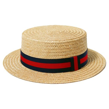 Straw Boater Hat for Men and Women, Flat Top Skimmer Hat for Amish Costumes - color: Redblue