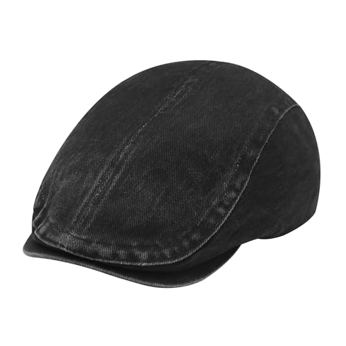 ZLYC Men Cotton Flat Cap Summer Scally Newsboy Beret Driver Hat - color: Washed Black