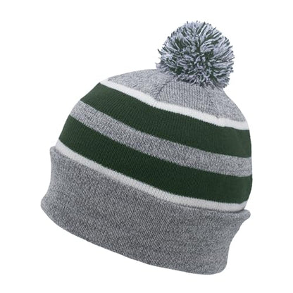 Pacific Headwear Unisex Adult Pacific Headwear Knit Fold Over Pom-pom Beanie - color: Heather/Dark Green/White, size: One Size
