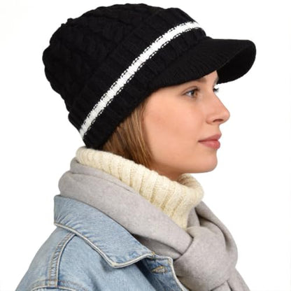 Ruphedy Mens Beanie with Brim Winter Hat Knitted Thick Fleece Visor Beanie - color: B321-black