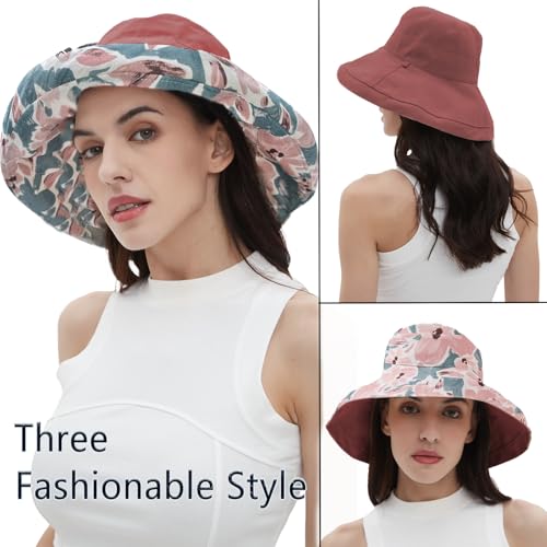 vidsel Womens Sun Hats Wide Brim Reversible Bucket Cotton Hat with Hat Clip - color: Red, size: Medium