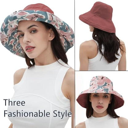 vidsel Womens Sun Hats Wide Brim Reversible Bucket Cotton Hat with Hat Clip - color: Red, size: Medium