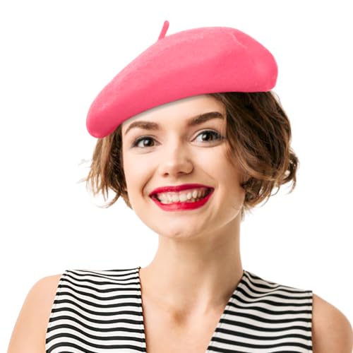French Beret Hats for Women - Soft Warm Wool Solid Color Beanie Winter Cap - color: Hot Pink
