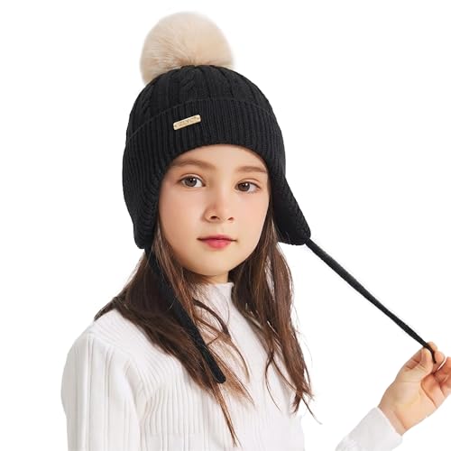 ZLYC Kids Girls Boy Winter Hat Cotton Lined Pom Pom Beanie Earflap Knit Cap - color: Solid Black
