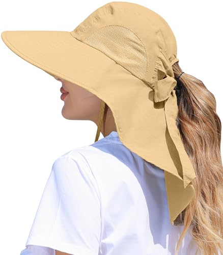Womens Sun Hat Outdoor UV Protection Wide Brim Fishing Hat with Ponytail Hole Neck Flap for Beach Hiking Camping - color: Sun Hat-khaki