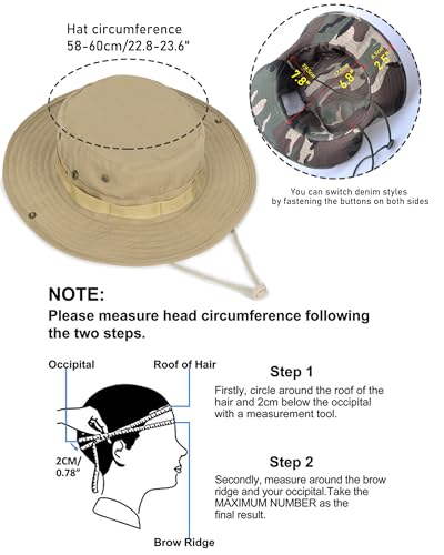 Cotton Fishing Bucket Hat Men Women Sun UV Protection Wind Chin Strap - color: Khaki - Wide Band