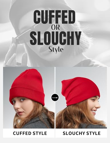 Fleece Lined Wool Beanie Hat Men Women, Warm Cuffed Winter Cap - color: Red