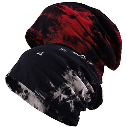 Mens Slouchy Beanie Hat Thin Baggy Summer Skull Cap - color: Black/Claret