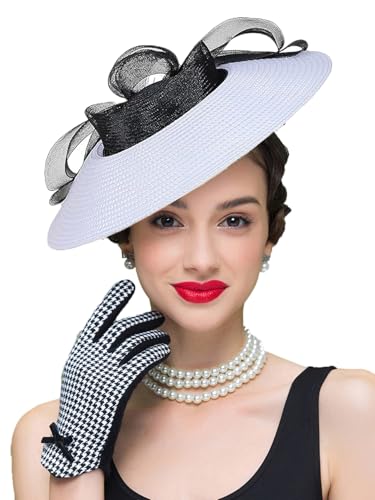 HIMESPORT Straw Cocktail Fascinators Hat for Women Ladies Wide Brim Church Wedding Bride Derby Tea Party Hats with Mesh Bow - color: White and Black