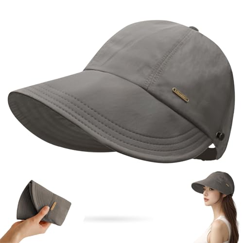 UPF 50+Womens Sun Hat UV Protection Hiking Fishing Hats Wide Brim Hat Adjustable Ponytail Packable Sun Cap - color: Gray