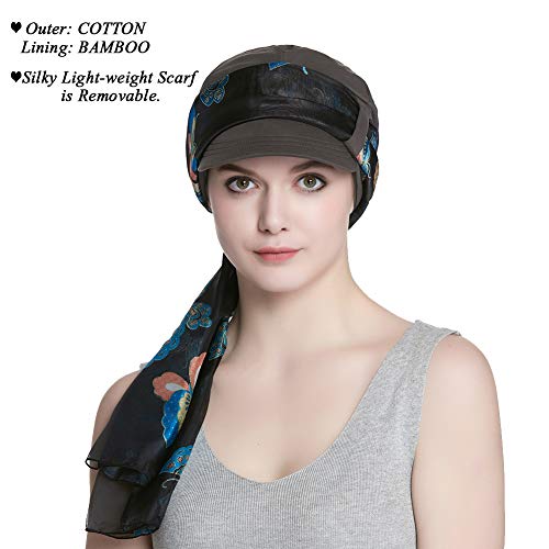 Alnorm Breathable Cotton Hat and Scarf Set Chemo Headwear for Women - color: Gray Butterflies