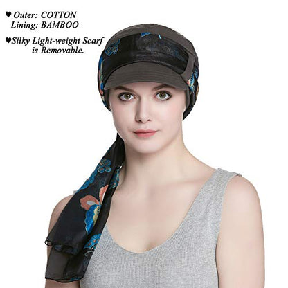 Alnorm Breathable Cotton Hat and Scarf Set Chemo Headwear for Women - color: Gray Butterflies